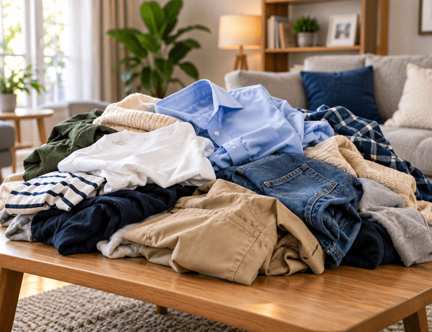 Hands placing a folded white shirt on a neat stack.